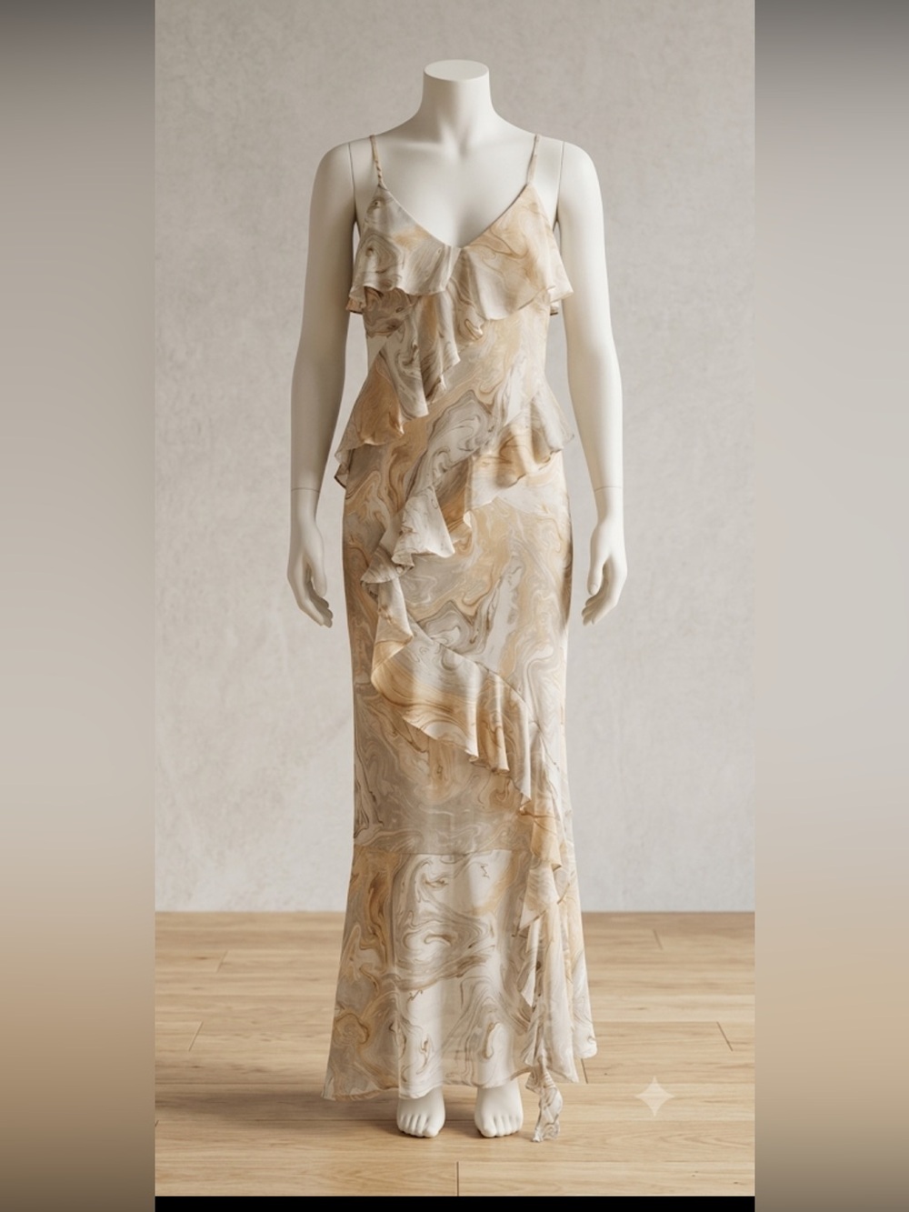 Beige Marble-Print Ruffle Slip Dress